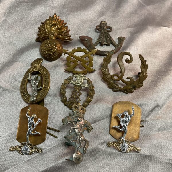 Collection of British military badges including cap and collar insignia.