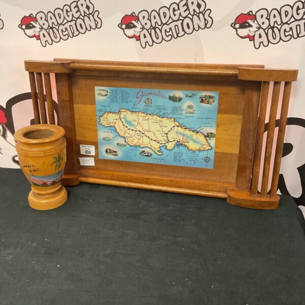 Vintage Jamaican wooden tray with colourful ceramic pot.