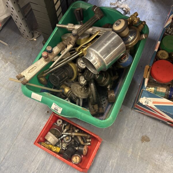 Vintage workshop accessories lot including an acetylene torch.