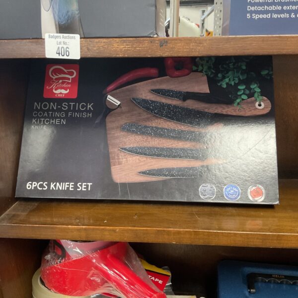 Six-piece stainless steel kitchen knife set for cooking.