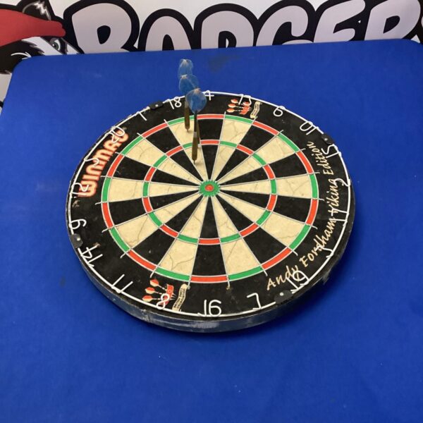 Winmau dartboard with darts mounted on a wall.