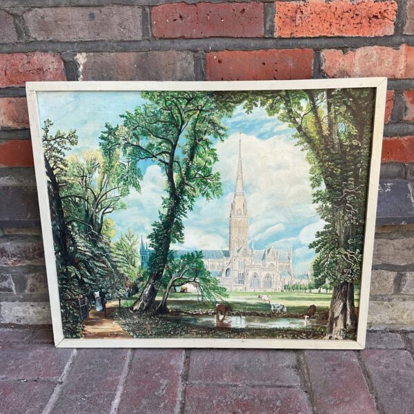 Original oil painting of Salisbury Cathedral in a countryside setting.