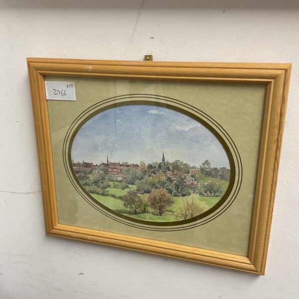 P Adsley watercolour painting of a quaint village hillside scene.