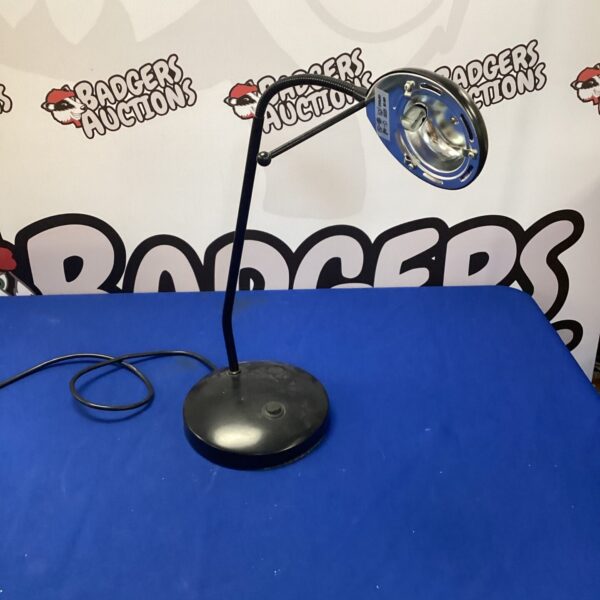 Black flexible head desk lamp for task lighting and reading.
