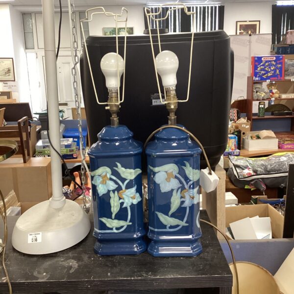 Vintage Drimmer lamps with blue floral pattern.