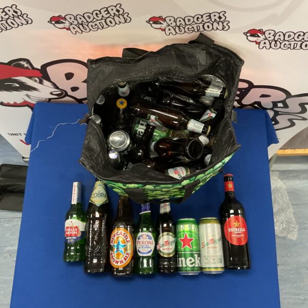 Assorted beer lot including San Miguel, Peroni, and Estrella.