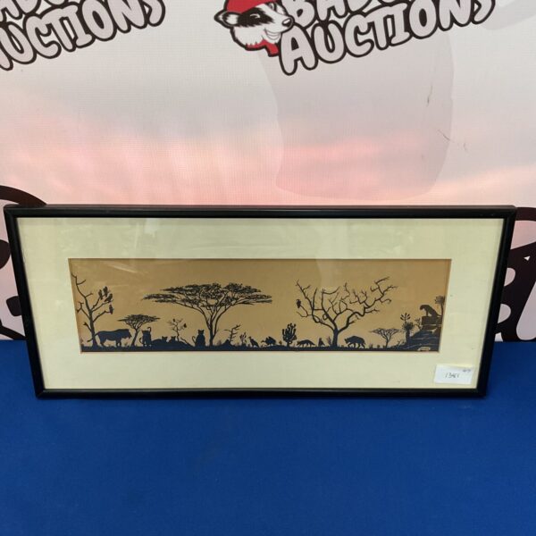 Vintage African woodblock print depicting a detailed jungle scene.