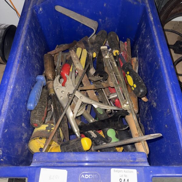 Assorted hand tools in a blue plastic container, a useful workshop lot.