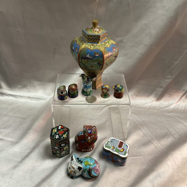Vintage cloisonné collection featuring birds, cats, and a vase.