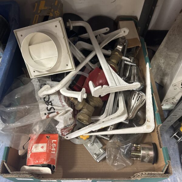 Mixed shed clearance lot with shelf brackets and hardware.