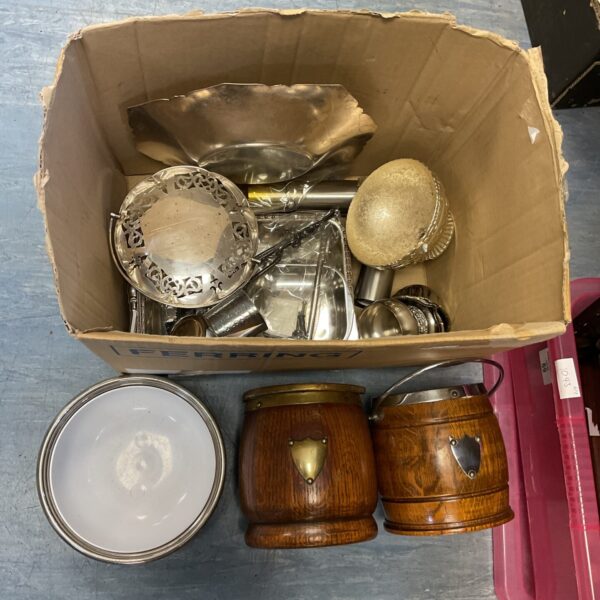 Vintage silver plate lot with ice bucket and serving pieces.