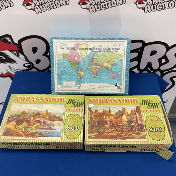 Vintage jigsaw puzzle with a colourful world map design.