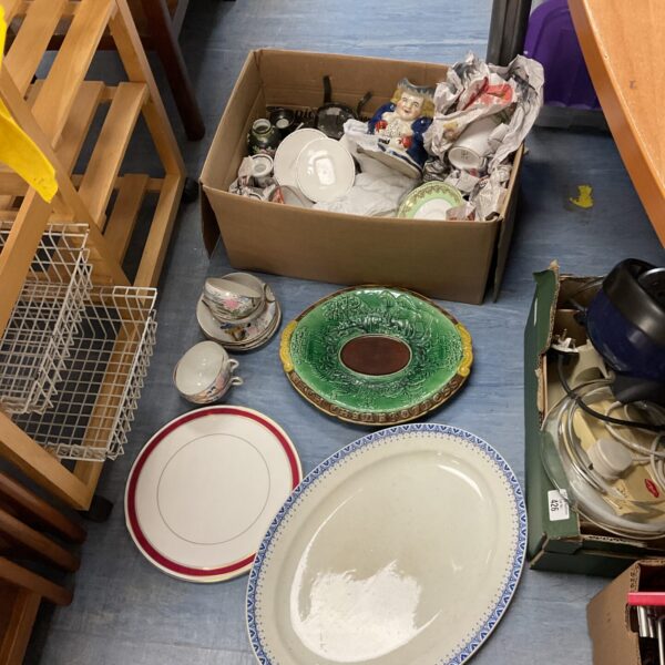 Mixed china lot with Japanese teaset and Adams & Bromley plate on tray.