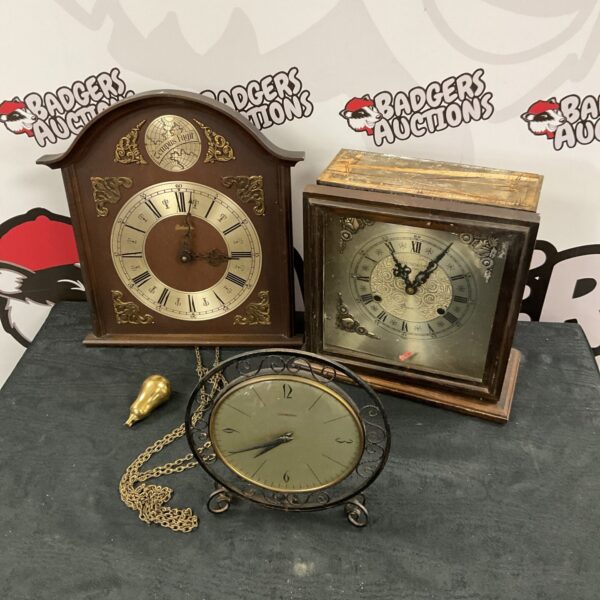 Vintage wall clocks and Smiths Tempora mantle clock collection.