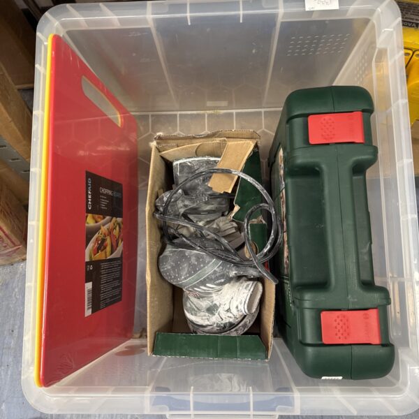 Bosch power tool set in a clear storage container.