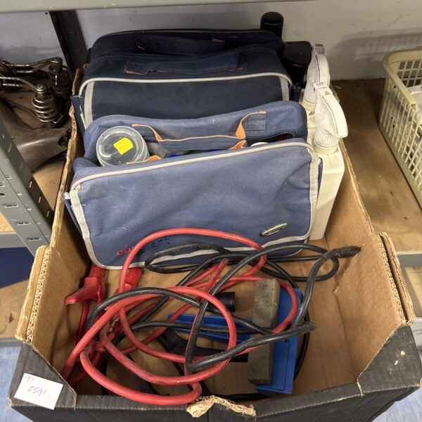 Motoring valet and jump lead kit contents displayed in a box.