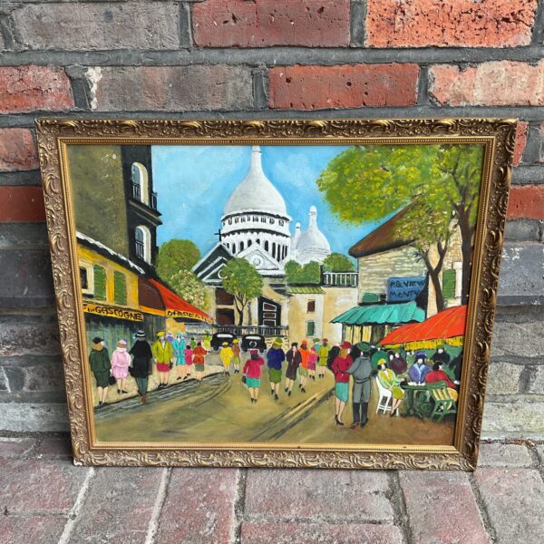 Vintage Paris oil painting with figures on a bustling street.