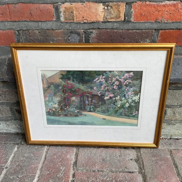 Margaret Harris watercolour painting of a vibrant cottage garden scene.