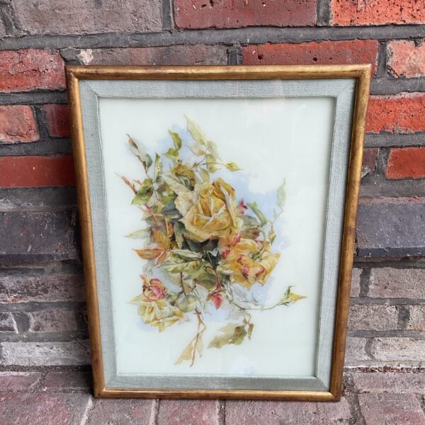 Antique botanical rose painting on opaque glass with gilded frame.