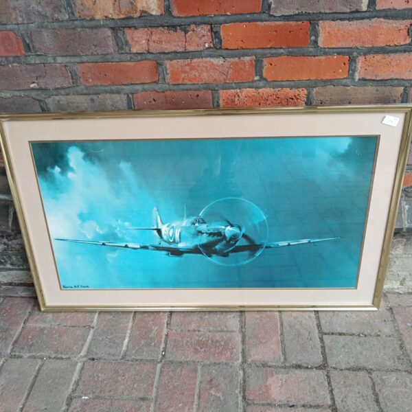 Large framed Barrie A F Clark print of a Spitfire aircraft.