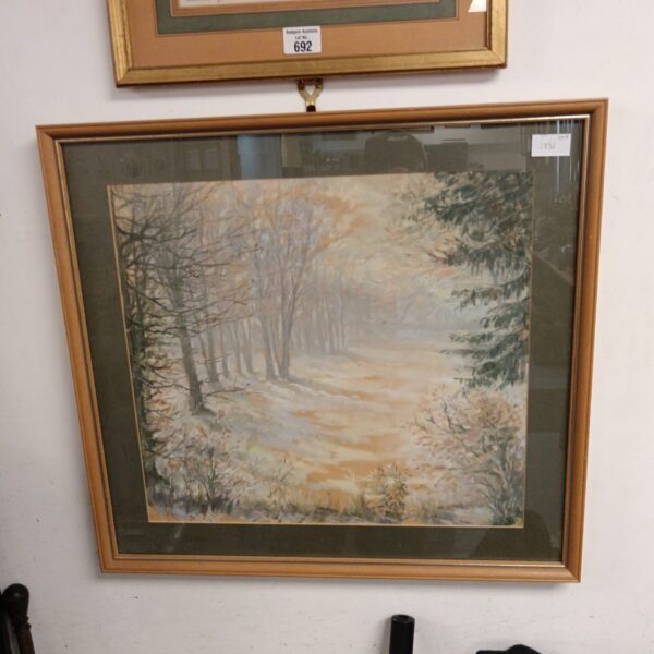 Original woodland pastel painting in a simple frame.