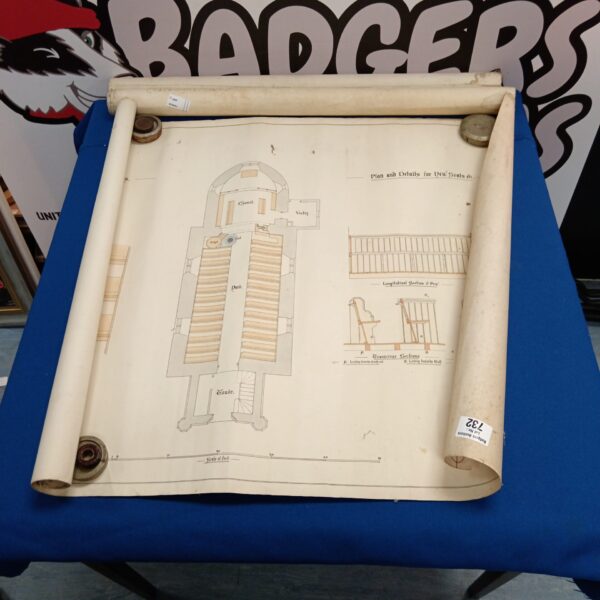 Rolled vintage church graveyard plan with detailed drawings.