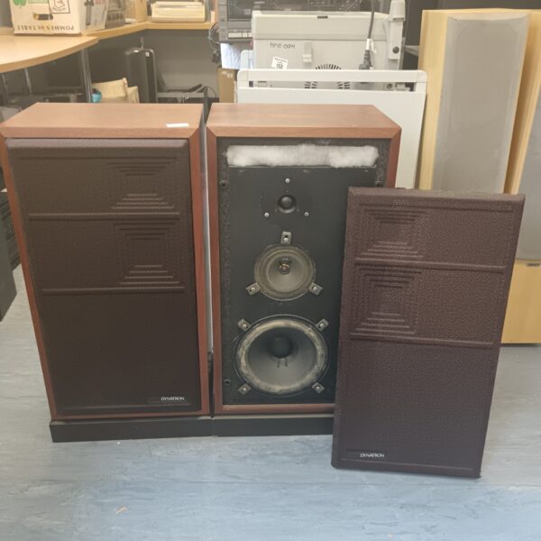 Pair of vintage Dynatron LS3238.CR speakers with woodgrain finish.