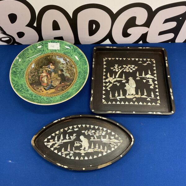 Antique mother of pearl tray with oriental scene and inlay.