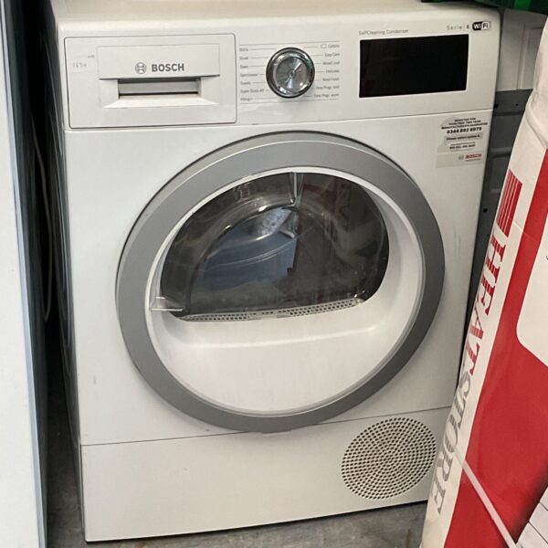 Front view of a white Bosch Series 6 washing machine.