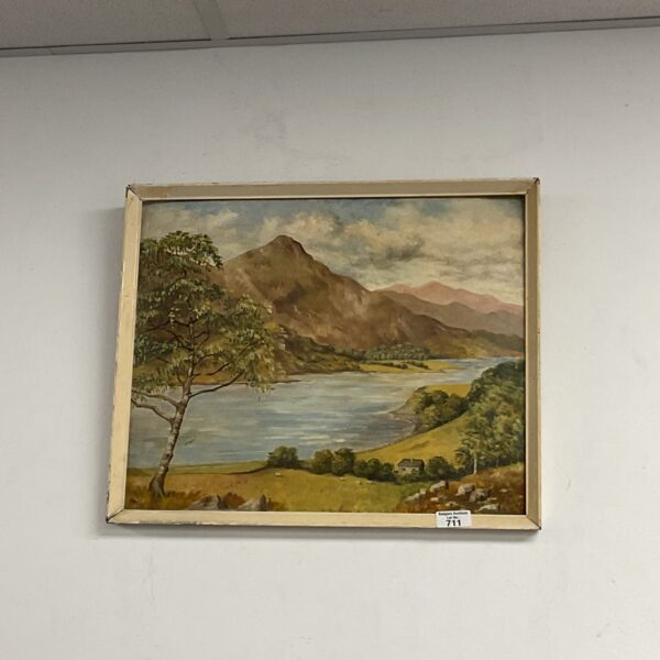 Vintage watercolour painting of a Scottish loch landscape with a cottage.