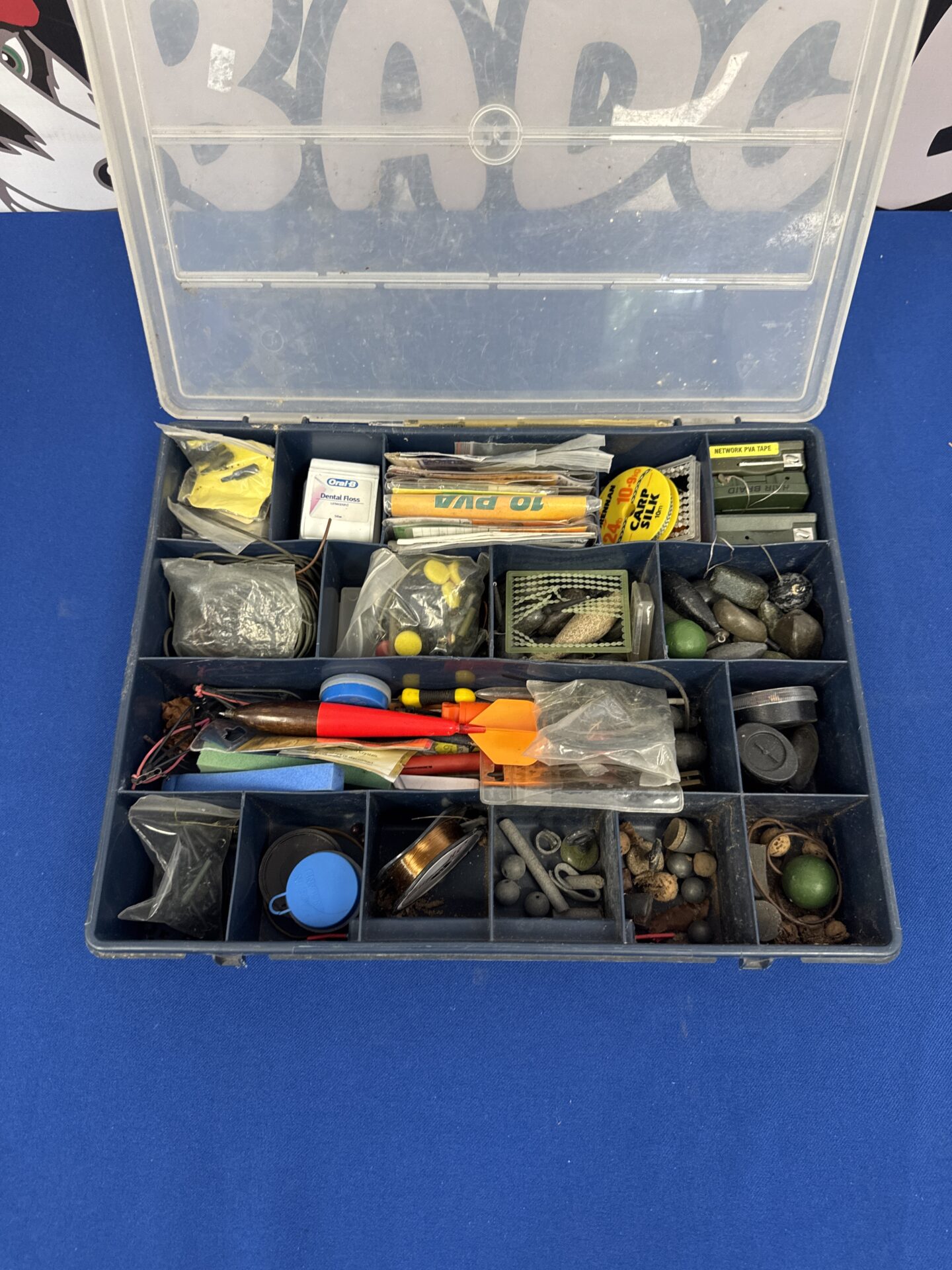 957 Tackle box of carp fishing terminal tackle inc weights, braid & rigs