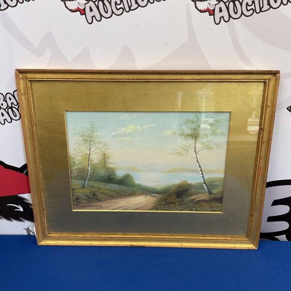 J Maurice Hosking watercolour painting of a rural landscape with sheep.
