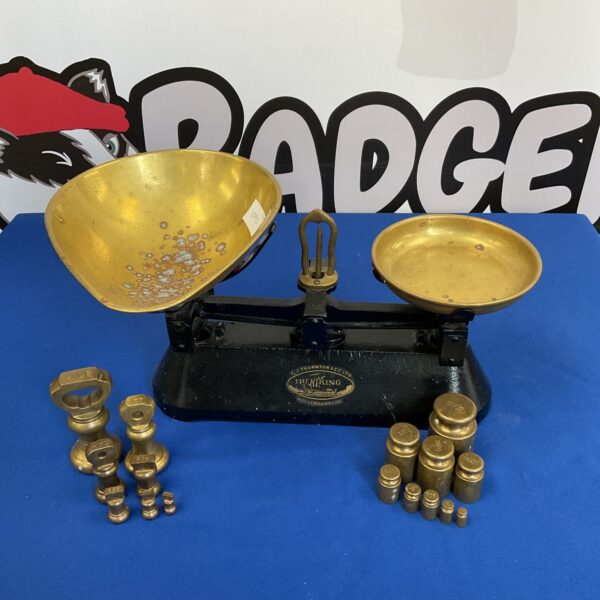 Vintage F J Thornton Viking scales with brass pan and weights.
