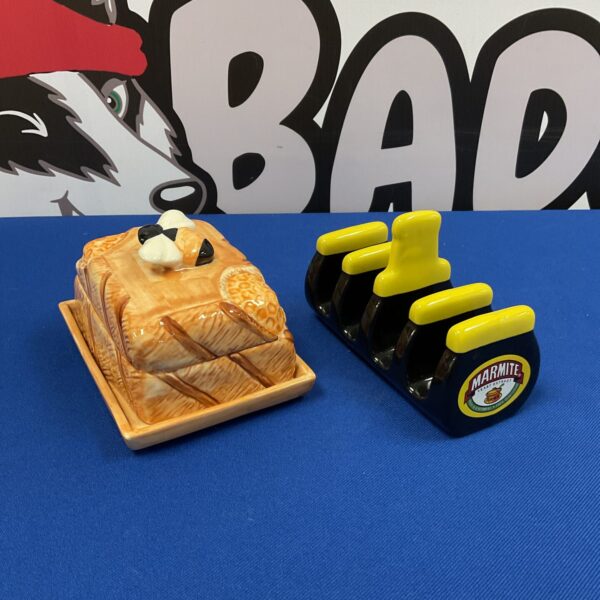 Vintage Alexander Ceramics honey bee butter dish and marmite toast rack.