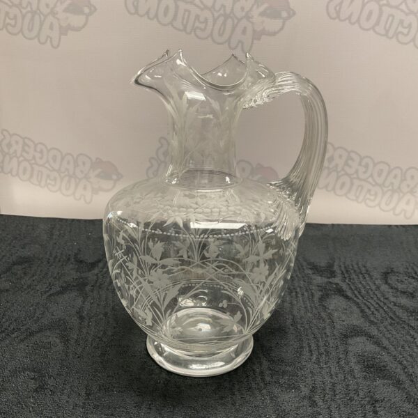 Intricate hand-engraved Victorian Stourbridge claret ewer, antique glass.