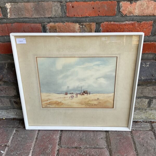 Signed Peter watercolour painting of a family on the beach.