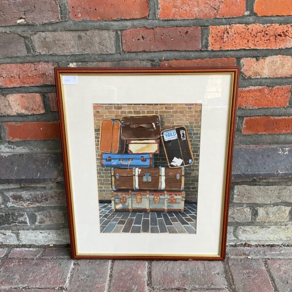 Vintage blue suitcase painting by Susan Constance Loder, travel art.