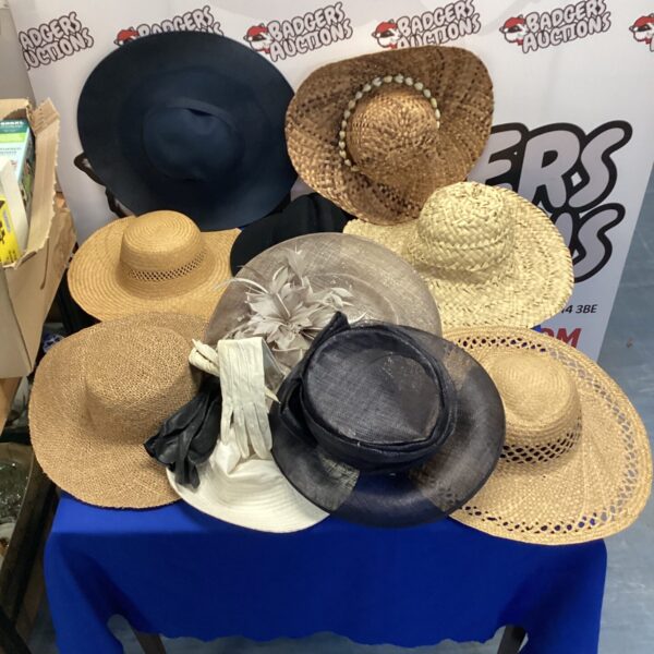 Collection of vintage straw event hats for parties and festivals.
