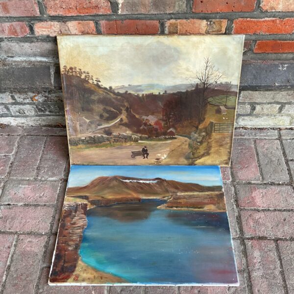 Vintage oil painting of a rural landscape with figures and a cart.