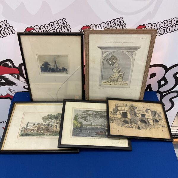 Antique collection of Bedford Church engravings and drawings, including a signed F.G.N piece.