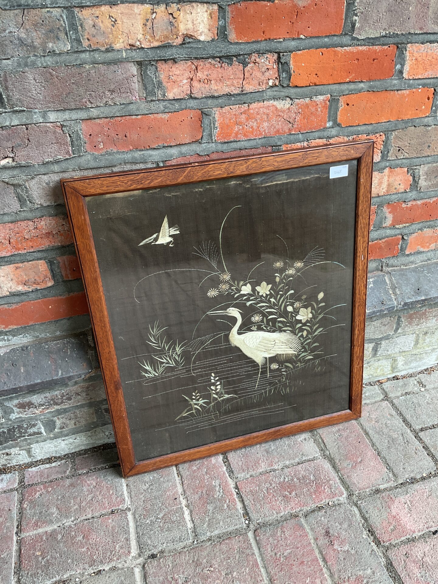 671 Oak framed oriental embroidery on silk of crane birds