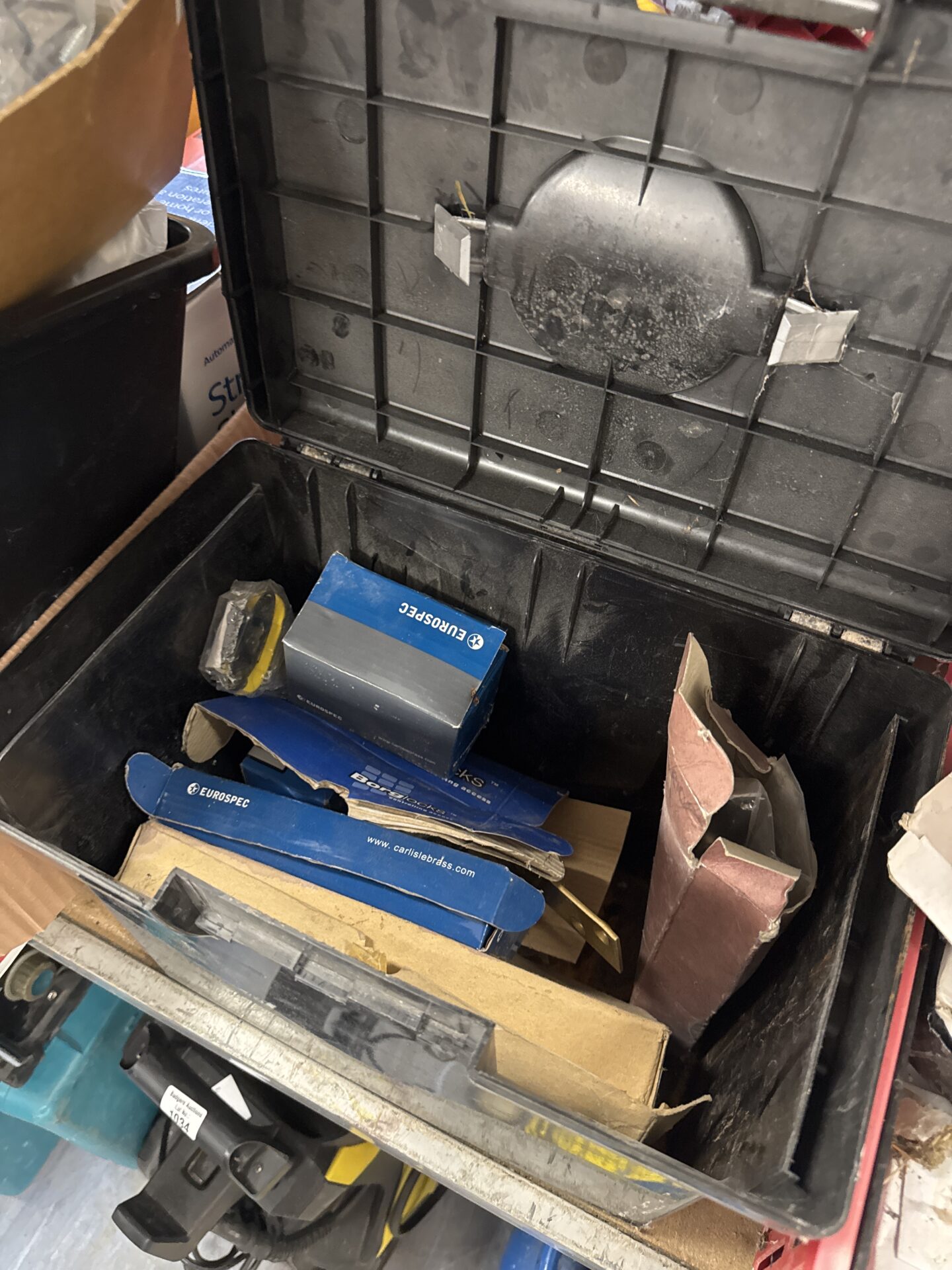 1026 Plastic tool box with door handles & catches contents