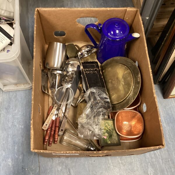 Vintage mixed kitchenware lot with blue enamel coffee pot.