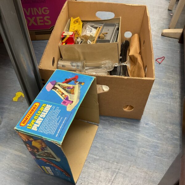 Mixed lot of railway items, glassware, and a vintage toy.