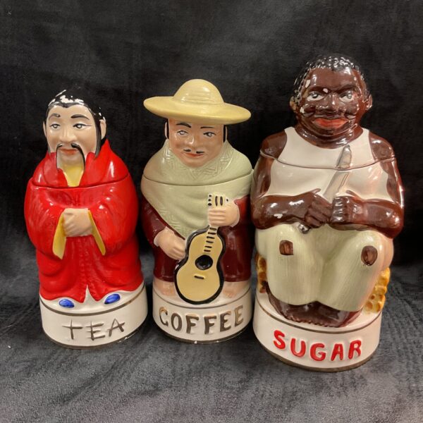 Vintage Price Kensington tea, coffee, and sugar caddies set displayed together.