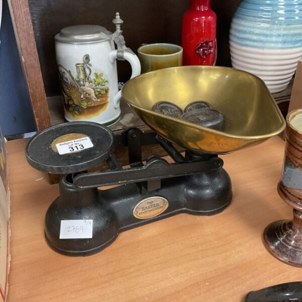 Antique brass Staffordshire Salter scales for weighing ingredients.