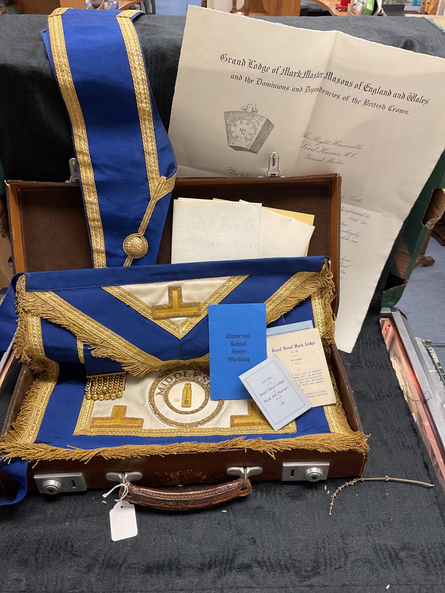 715 Masonic leather case with Collar and Apron Inc certificates royal naval lodge