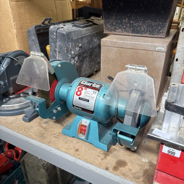 Blue Clarke Metalworker 8 inch bench grinder for workshop use.