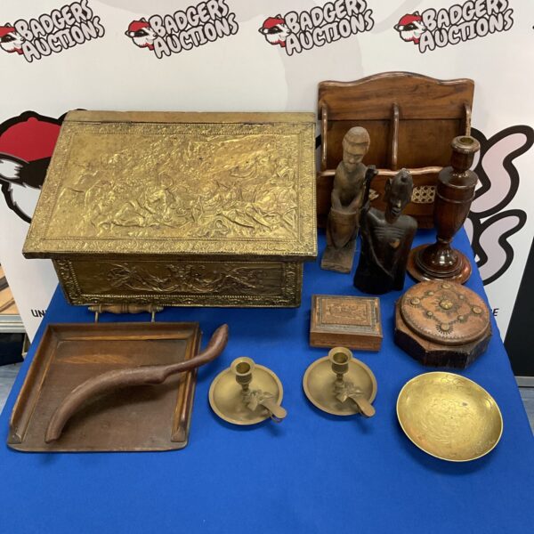 Vintage brass log box with wooden items and crumb tray.