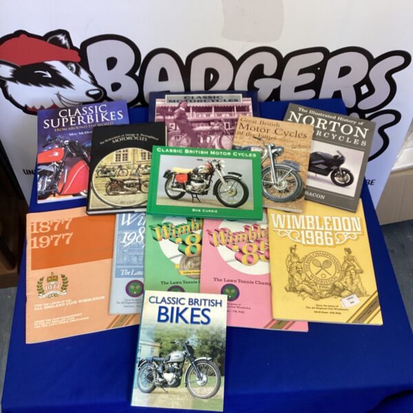 Vintage lot of motorcycle books and Wimbledon programmes for collectors.